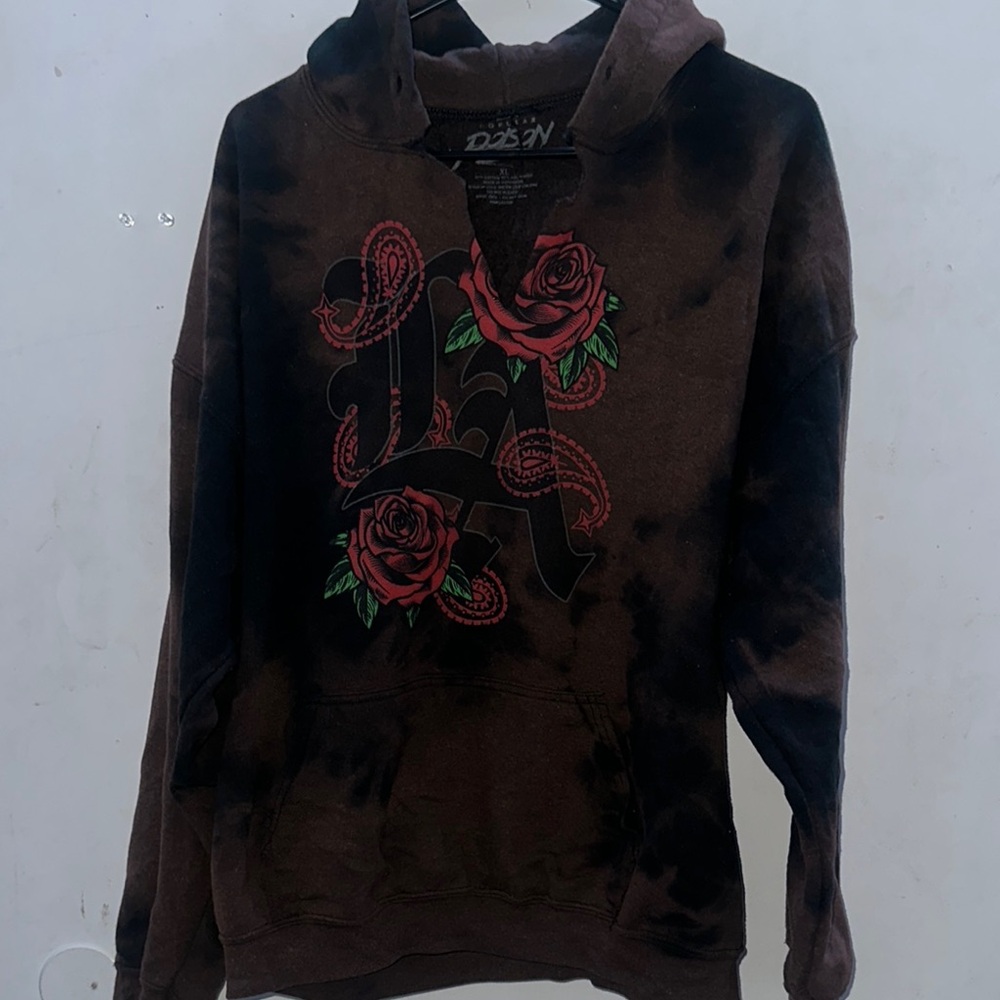 Brown Hoodie with Red Rose Design